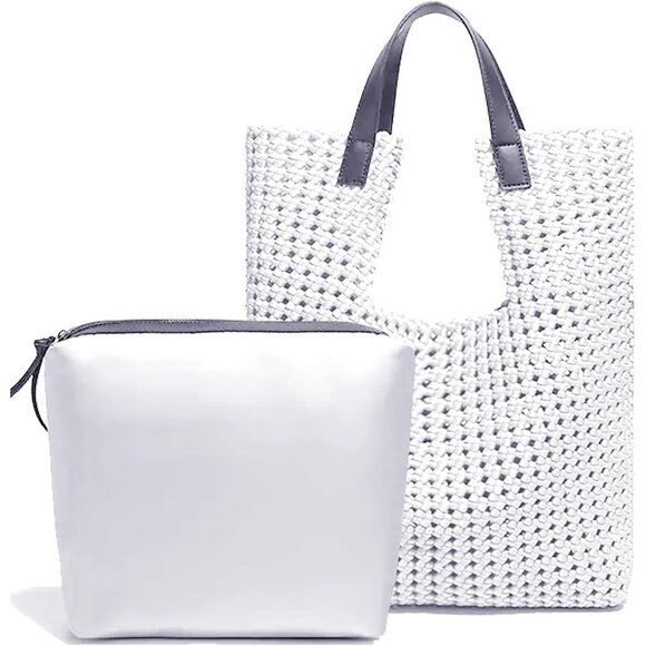 Leather Satin Woven Tote Bag for Women Hollow Out Handbag 2 Pcs Set Female Shoul